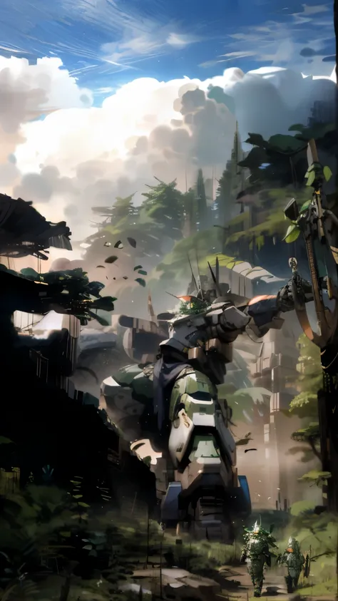 Giant robot wearing heavy green armor, in the forest, with a huge ax in hand, intricate details