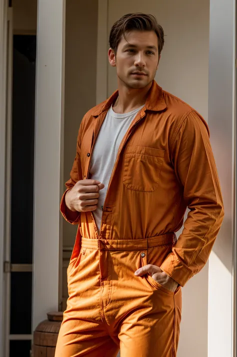 Keep previous composition, orange cotton coverall, masculine character, caucasian man