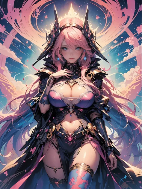 (masterpiece, top quality, best quality, official art, beautiful, cosmic, atmospheric, psychedelic, dreamlike, swirling psychedelic cosmic graffiti patterns,,aesthetic:1.2), (1girl, neon pink hair, mecha, beautiful, sexy, beautuful highly detailed hooded m...