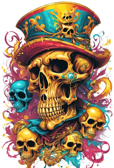 T-shirt art vector ready to print colorful graffiti illustration of masquerade party yellow pirate skull and hat web decorated with jewels of precious rubies and emeralds and skeleton beard decorated with yellow diamonds, teeth of beautiful stone jewelry, ...