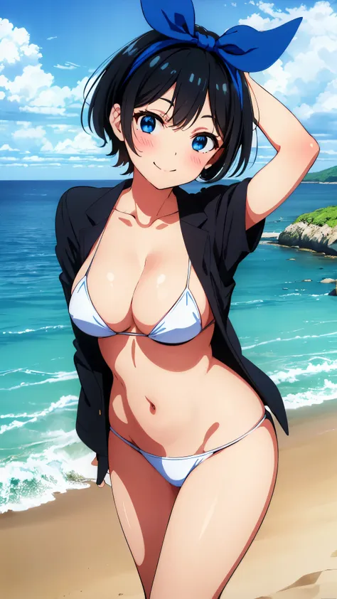 ruka , blue eyes, short black hair, blue bow on hair, medium breast, smiling, 1girl, white bikini , beach, beach path, absurdes,...