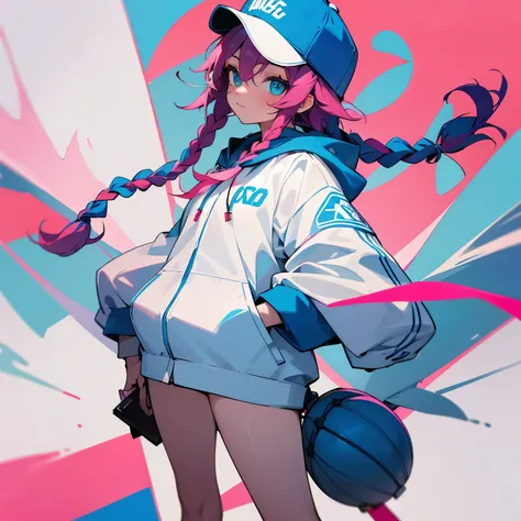 1 girl, teenage, straight, whole body, looking at the viewer, hair between eyes, hair ornaments, colorful hair, twin braids, bangs, (blue baseball cap:1.2), write clothes, white clothes, hood, hood down, Are standing, long sleeve, closed mouth, pink