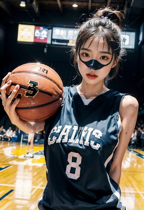 （8k， best quality， master piece：1.2），High resolution，1 girl，real looking skin，dynamic light and shadow,sharp focus,Depth of the bounds written,eyes are delicate,Realisticな生徒, playful expression， wear a basketball uniform，perfect body，the biggest，on the bas...