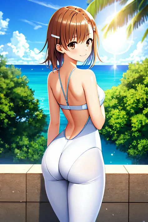 masterpiece, best quality, misaka_mikoto, brown eyes, looking at viewer, solo, small breast, upper body, (swimsuit), beach, outdoor, , smile, close_mouth, ((crossed legs)), ((standing)), lens flare abuse,  one piece suit, body suit, shiny clothes, thicc, o...