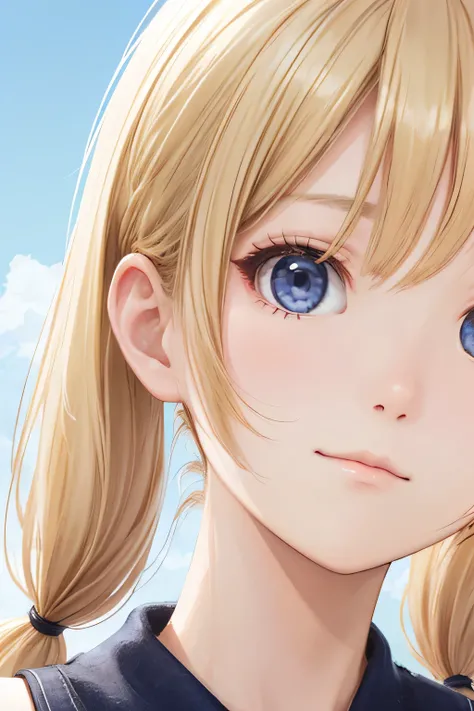 blonde、girl、twin tail hair、close up of face、upper grade、digital art、sky background