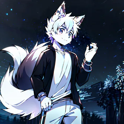 Fox ears and tail,male，Eyes silver，white short hair，Black jacket white T-shirt，black trousers，Wearing a black silver bracelet on the left hand，starry sky background