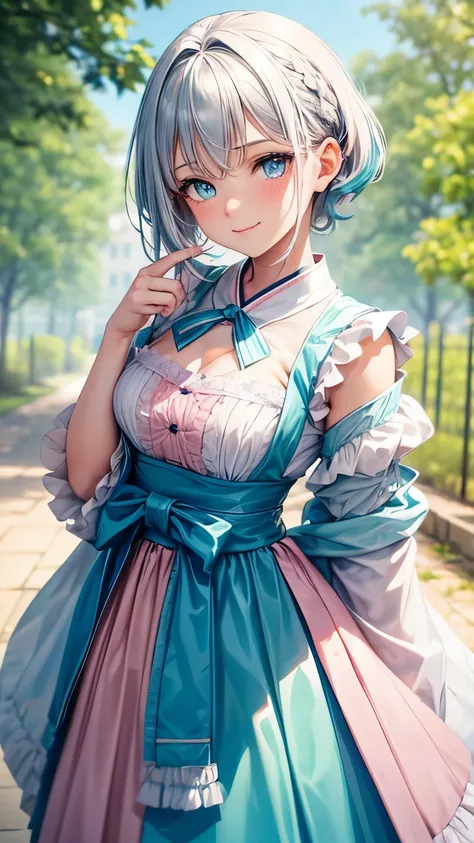 35 years old Japanese tidy lady ((small breast, very slender)), silver ponytail((short hair)), ((cyan highlights shaggy forelock, various colors highlights )), BREAK, dirndl ((pale pink, pale cyan)), tidy and eloquent face, dynamic pose, peeking over someo...