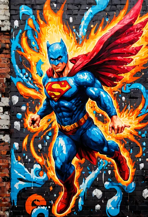 (pixel art:1.4), made of elemental_graffiti, design a mesmerizing ((((wall graffiti)))) featuring heroic superman in a dynamic p...