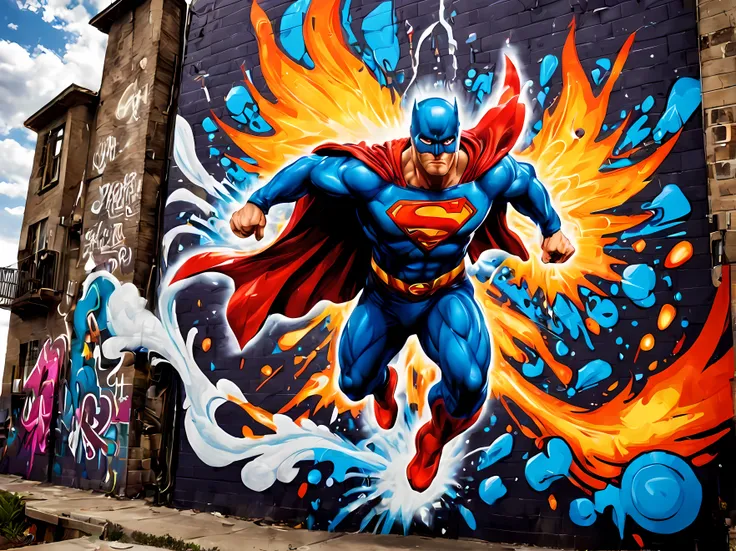 made of elemental_graffiti, design a mesmerizing ((((wall graffiti)))) featuring heroic superman in a dynamic pose soaring throu...