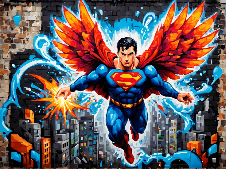 (pixel art:1.4), made of elemental_graffiti, design a mesmerizing ((((wall graffiti)))) featuring heroic superman in a dynamic p...