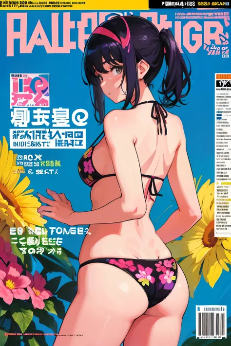 masterpeace, best quality, 1girl, 18yo girl, from behind, bikini, (floral panties), vibrant colors, Volumetric Lighting, Best Shadows, Shallow Depth of Field, (Highest Quality, Amazing Details:1.25), Brilliant Colorful Paintingagazine cover)), magazine tit...