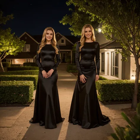 camera inside house looking out at front yard, street in background, well lit Picture of front yard at evening, standing on sidewalk are two beautiful Irish women, happy, excited, young, Iraqi women, full body, hands on hips, beautiful eyes, pretty faces, ...