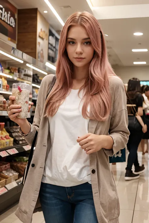 beautiful girl with long pink hair, shopping, dressed fashionably