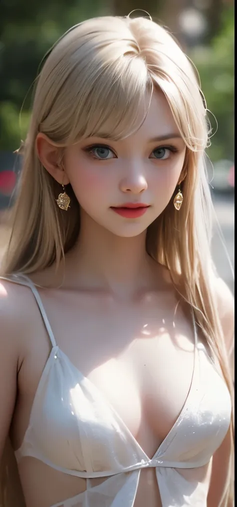 lightブルーとピンクの配色，セクシーなgirlの乳首，，，white curly hair、goblin, White skin like Chinese people, 9 years oldの女性, fantasyワールド, background flowers, blurred background, side string, earrings, live action, f/1.8, 85mm, canon, high detail, High resolution, 8k, 16k, bath...