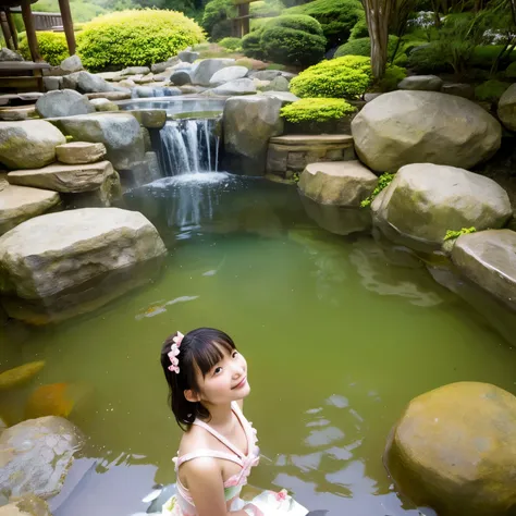 Little princess，Mountain hot spring，Lord，big stone in hot spring，Japan Deserted Hot Springountain hot spring