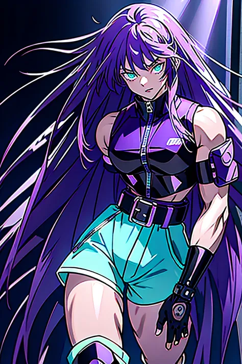 1 Girl , horikoshi kouhei , long fluffy dark purple hair with blue-green highlights underneath, bangs, glowing blue-green eyeS concert lights (Highest Quality, Amazing Details:1.4), purple magic , Black leather jumpsuit, body part without stain and a vest ...