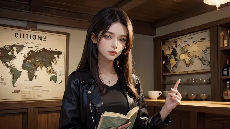 A beautiful woman. Twenty years old. Dark brown hair. modern clothing. In her background, there is an old map that shows the locations of lost civilizations.