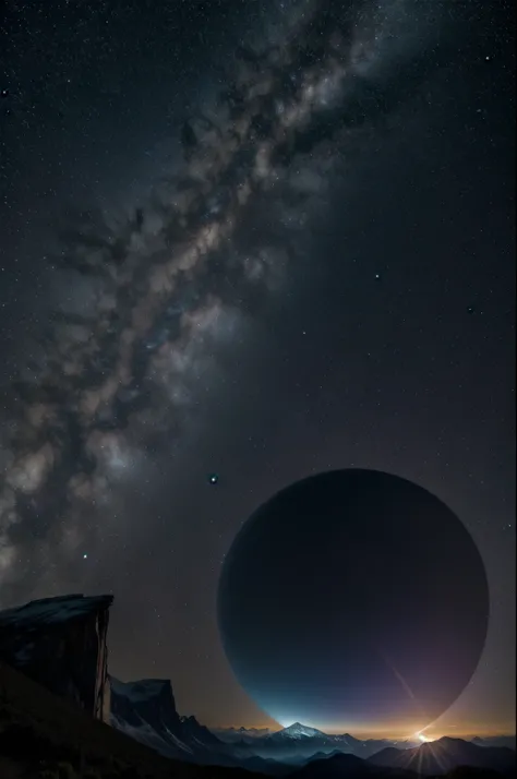 Generate an evocative front cover for a book exploring the wonders of science and the vastness of the universe. The cover should feature a panoramic view of a cosmic valley, with towering mountains of knowledge and discoveries stretching into the distance....