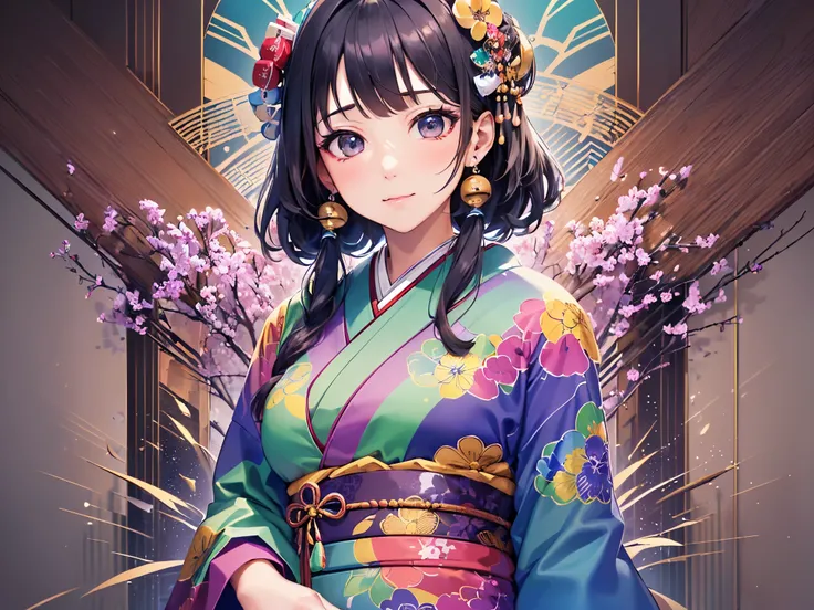 ((highest quality)),(ultra high resolution),(Super detailed),(detailed description),((best CG)),(best work of art),super precision art,amazing drawing art,(Art with precise details:1.5), (1 woman:1.8),(Brightly colored Japanese clothes depicted in precise ...