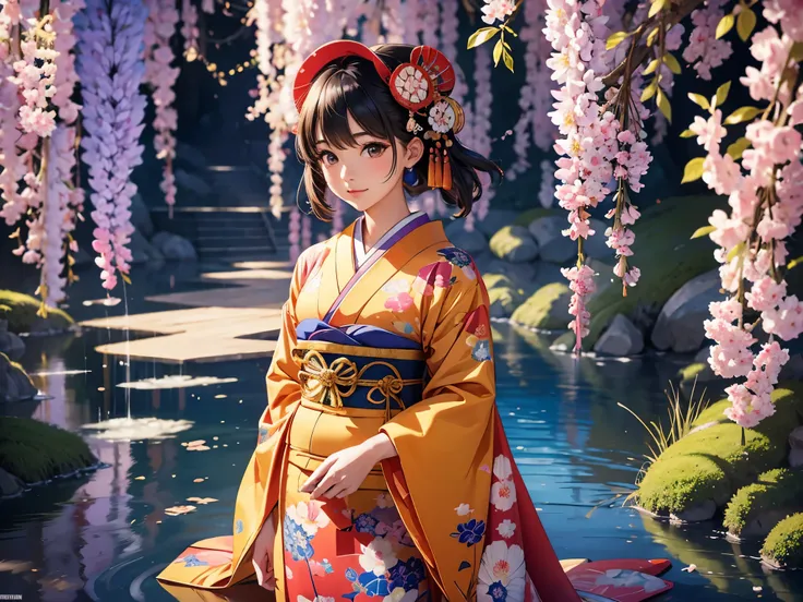 ((highest quality)),(ultra high resolution),(Super detailed),(detailed description),((best CG)),(best work of art),super precision art,amazing drawing art,(Art with precise details:1.5), (1 woman:1.8),(Brightly colored Japanese clothes depicted in precise ...