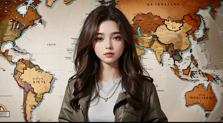 A beautiful woman. Twenty years old. Dark brown hair. modern clothing. In her background, there is an old map that shows the locations of lost civilizations.