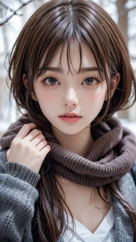 in the snowy forest, japanese girl, wniter knit sweater, snowing, pupils sparkling, brown short hair, middle breast, realistic p...