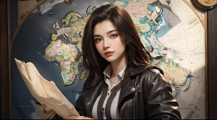 A beautiful woman. Twenty years old. Dark brown hair. modern clothing. In her background, there is an old map that shows the locations of lost civilizations.