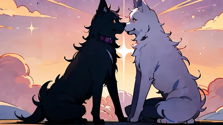 Anime drawing of two dogs of different breed sitting facing each other, one black husky and one cream retriever, with sunset pink purple orange sky with soft clouds as background, with space between nose, not touching each other