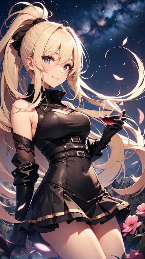 最high quality、best image quality、masterpiece、teenage girl((20-year-old、 By becoming、vest bust、medium bust,wide open breast tea、shining eyes, blonde hair、long hair、thin,highest valley、ponytail、black Y-shirt、mini skirt、holding a wine bottle、smile、black glove...