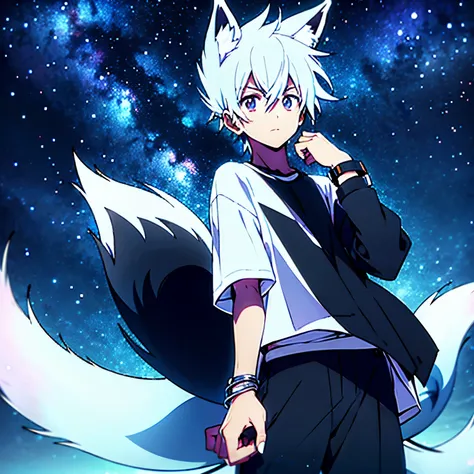 Fox ears and tail,male，Eyes silver，white short hair，Black jacket white T-shirt，black trousers，Wearing a black silver bracelet on the left hand，starry sky background