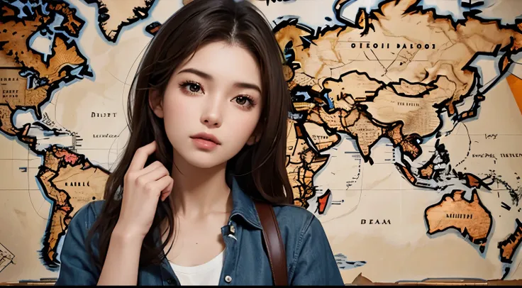 Upper body close-up image.A beautiful woman. Twenty years old. Dark brown hair. modern clothing. In her background, there is an old map that shows the locations of lost civilizations.