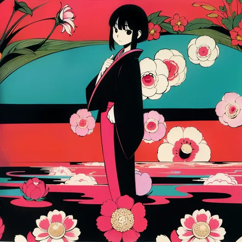 "2D,old traditional painting,japanese old art, vectorial art, flat art, manga art." japanese woman with a kimono, flower field, at day . ((fuschia variation: 1,5)) ((cyan variation:1,5)) (other colors:1,0) (traditional asian style:0,3) (japanese style:0,7)