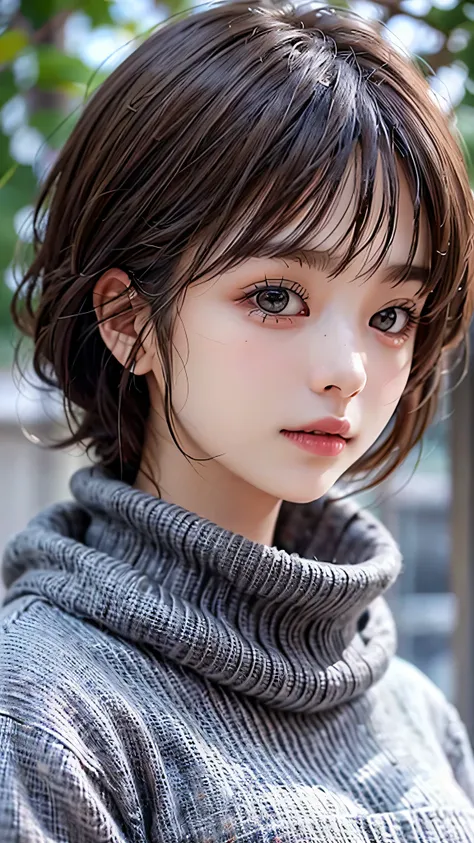 in the snowy forest, japanese girl, wniter knit sweater, snowing, pupils sparkling, brown short hair, middle breast, realistic Portrait, depth of field, f/1.8, anatomically correct, textured skin, super detail, high details, high quality, super detail, hig...