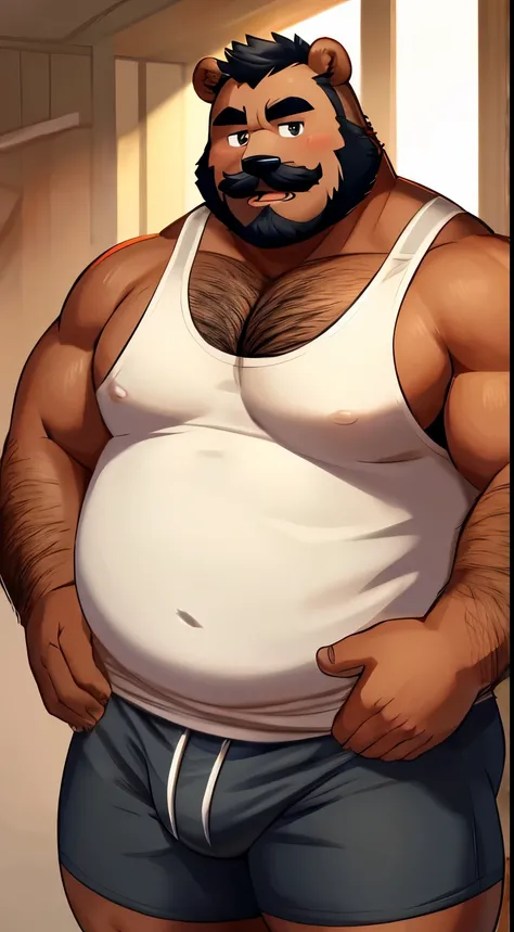 chubby, hairy，furry,Male bear , human bear, Very plump, Wide and thick body type，middle aged, mustache，Thick beard, thick arms，One hand crosses the waist, Half-length photo , gray tight tanktop, very sexy, flash trap boy，Warm lighting，Relax your mind。