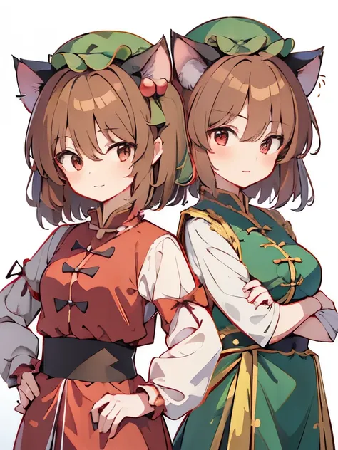 masterpiece, best quality, extremely detailed, anime, (2girls),(((Chen))),(((touhou project))),(((Ninja costume))),Kunoichi,red costume,cat girls,(brown short hair),kawaii,smile,