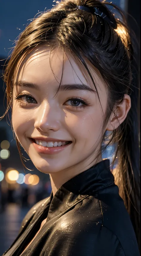 1 girl, tokyo street,night, cityscape,city lights, ((face close up:1.5)),((smiling showing teeth)),((Ponytail and Hair Tie))close, 8k, RAW photo, highest quality, masterpiece,realistic, photo-realistic,