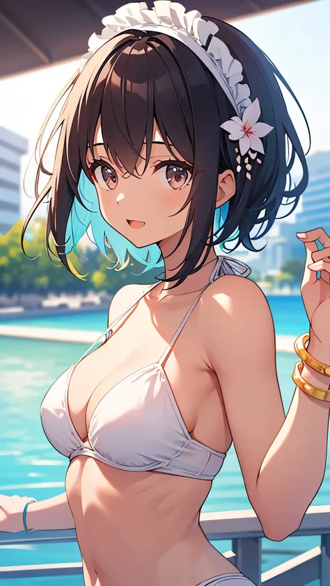 (highest quality、High resolution:1.2、Super detailed)、Short cut gray hair girl、She is 20 years old、brown skin、wearing a white bikini、Slender muscular body、upper body close-up、colorful bracelet、From the side、fun expression