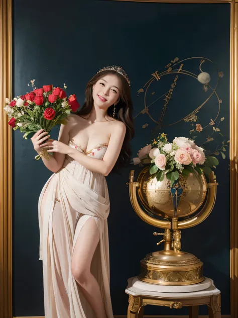 full body portrait or statue、Vigée Leblanc style、math、astronomical machine、astronaut、roses in vase、fruit、Cute trinkets、smile、ancient greek costume、Sandro Botticelli paintings、Clothes that stretch your shoulders、A big smile、expression of ecstasy、sexy、beauti...