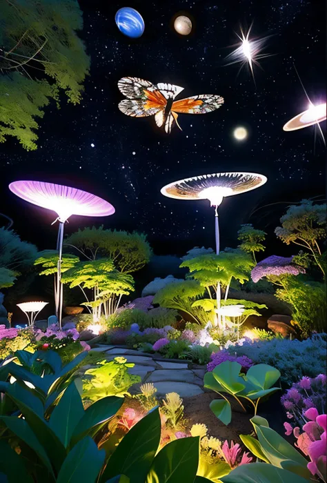 Space garden - with stars and planets in the background、Draw a fantastic garden floating in outer space。In this garden、Cosmic plants and flowers that emit light、There are transparent butterflies etc.。