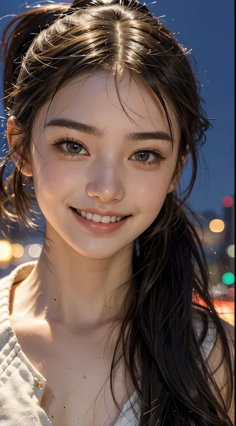 1 girl, 18-year-old,tokyo street,night, cityscape,city lights,ruddy complexion, ((face close up:1.5)),((smiling showing teeth)),((Ponytail and Hair Tie))close, 8k, RAW photo, highest quality, masterpiece,realistic, photo-realistic,HI contrast,