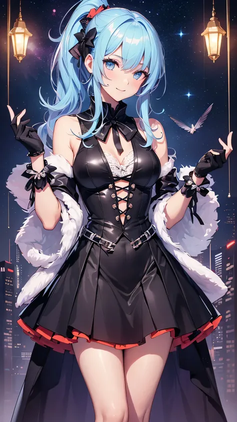 最high quality、best image quality、masterpiece、teenage girl((20-year-old、 By becoming、vest bust、medium bust,wide open breast tea、shining eyes, light blue hair、long hair、thin,highest valley、ponytail、black Y-shirt、mini skirt、holding a wine bottle、smile、black g...