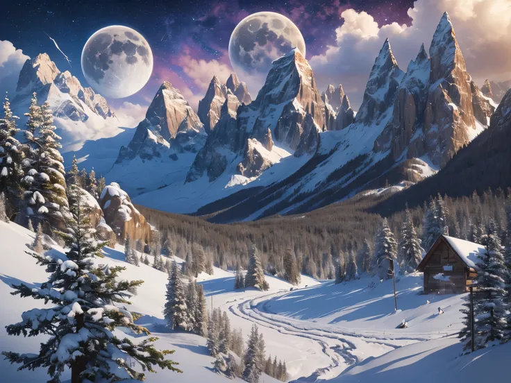 ((highest quality)),(ultra high resolution),(Super detailed),(detailed description),((best CG)),(best work of art),super precision art,amazing drawing art,(Art with precise details:1.5), mountains covered with snow, two moons in the sky