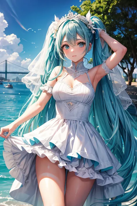 uma garota, cabelo azul claro, Cabelo estilo Hatsune Miku, olhos azuis, 20 anos de idade, Em Berlim, cidade moderna, melhor qualidade, obra de arte, Seios Grandes, vestido de noiva branco longo, Bridal Veil, casamento