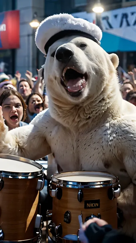 (masterpiece, RAW photo, best quality, 8k)  photo, Nikon, Hasselbad, prime lens, portrait, polar bear, playing a drumkit, roaring, open mouth, wearing a tyrolian hat:1.5, crowds of people, watching and cheering, amazing detail, colourful, stuff in backgrou...