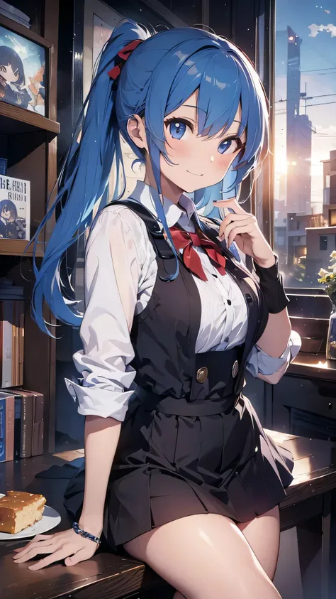 最high quality、best image quality、masterpiece、teenage girl((20-year-old、 By becoming、vest bust、medium bust,wide open breast tea、shining eyes, light blue hair、long hair、thin,highest valley、ponytail、black Y-shirt、mini skirt、holding a wine bottle、smile、black g...