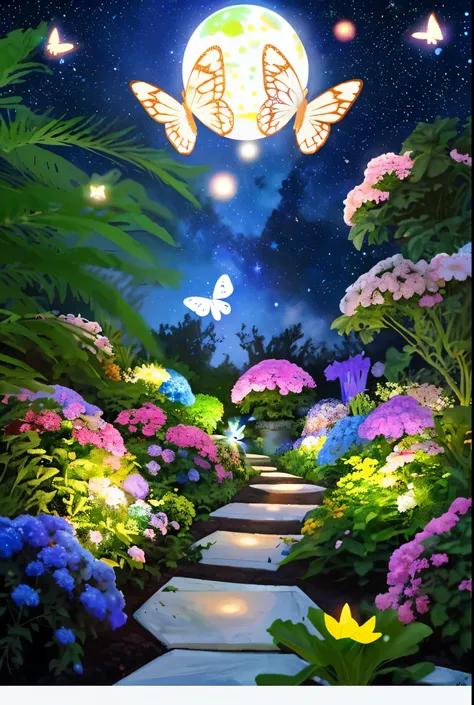 Space garden - with stars and planets in the background、Draw a fantastic garden floating in space。in this garden、Space plants and flowers that emit light々、There are also transparent butterflies..。