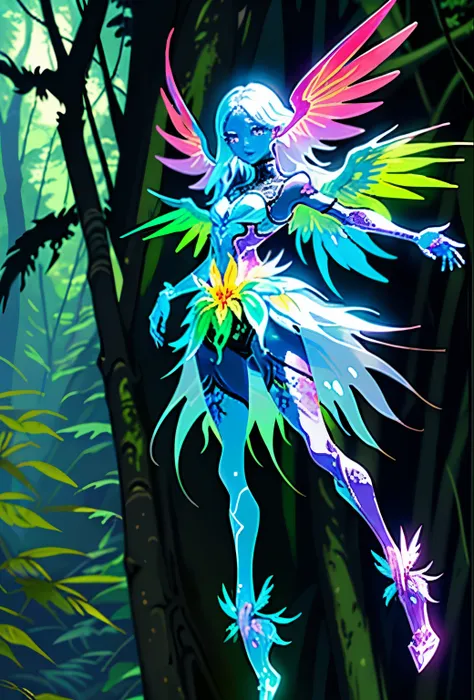 Mysterious creatures in a colorful forest - In a forest filled with bright colors、Expresses how mysterious imaginary creatures live。This creature is、Having wings that emit light and multiple eyes, etc.、Has fantastic features。