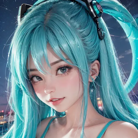 belledel, sardas,
cabelo azul claro, magrelo, sorridente,  quarto, neon lighting, noite, cabelo da hatsune miku