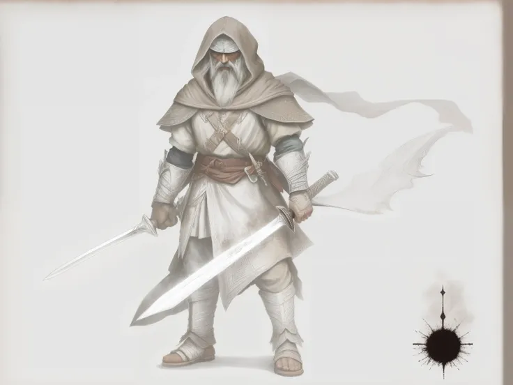 Old warrior wearing a brown hood，beautiful sword，