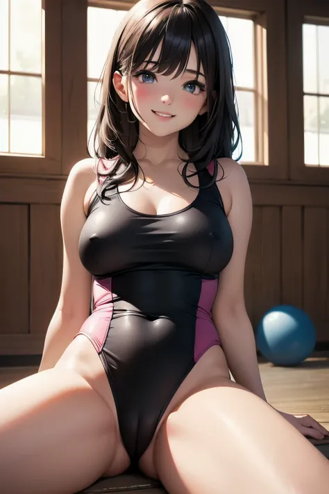 very cute and beautiful girl,(highly detailed beautiful face),(pink leotard:1.2),sleeveless,(laugh),blush, sitting on training mat in wooden gym,spread legs,cowboy shot,hair band,black hair,looking at viewer, (best quality,masterpiece:1.2),absurdres,highre...